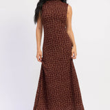 Espresso check print sleeveless mock neck maxi dress, front view