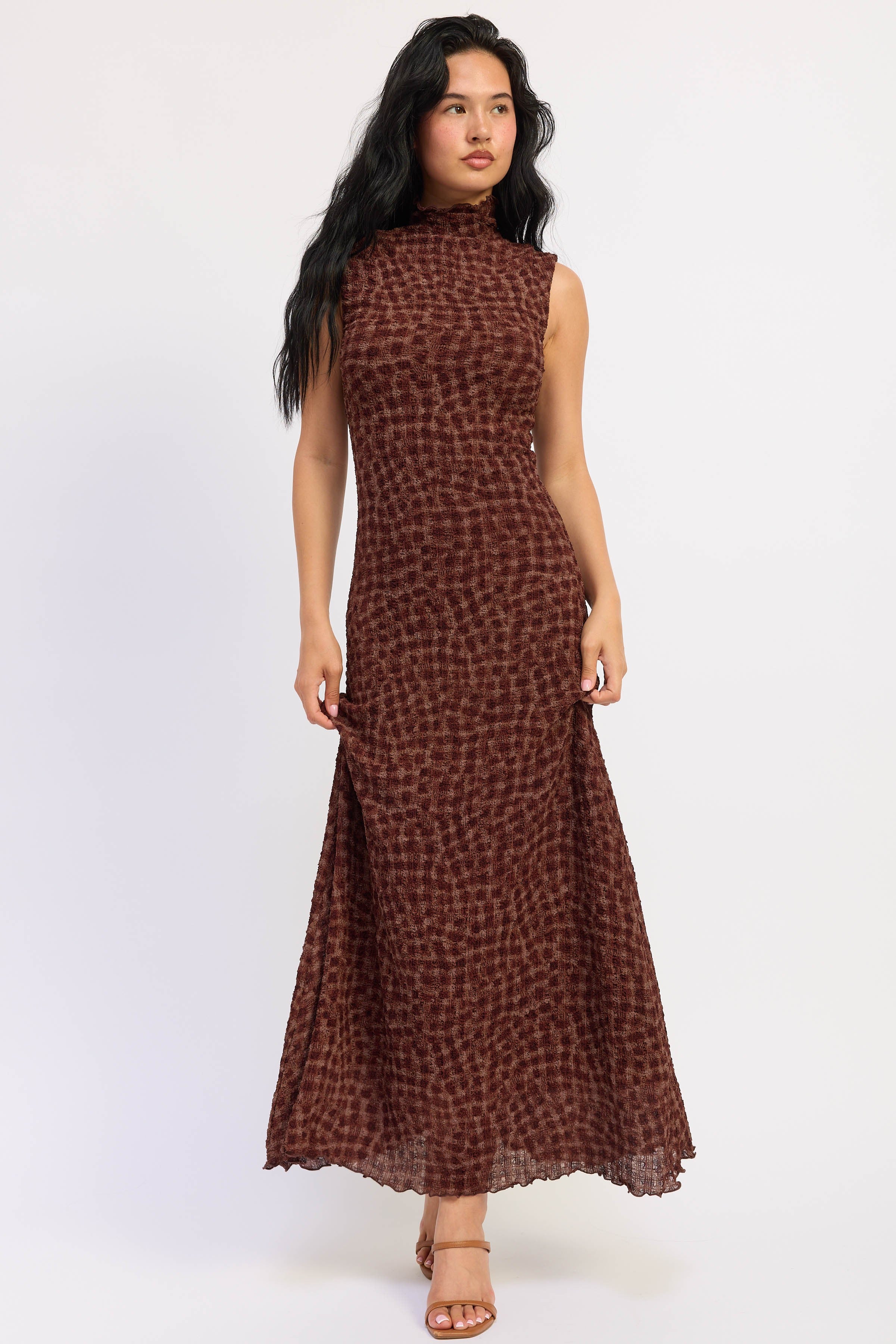 Espresso check print sleeveless mock neck maxi dress, front view