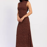 Side view of espresso check print sleeveless maxi dress