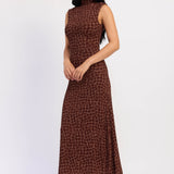 Side view of espresso check print sleeveless maxi dress