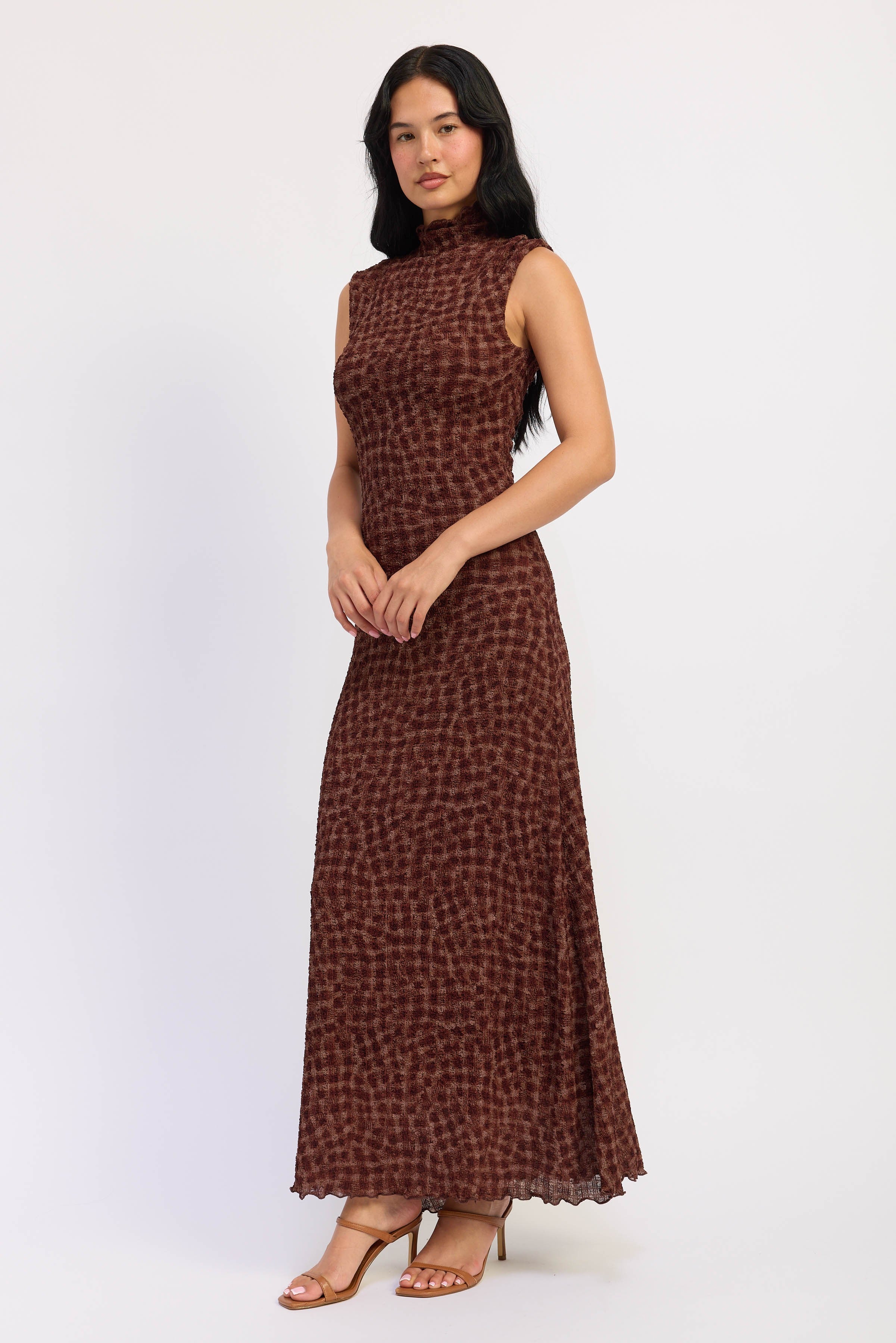Side view of espresso check print sleeveless maxi dress