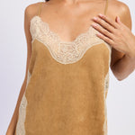 Laurel Faux Suede Lace Cami in Camel, scalloped lace neckline detail