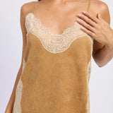 Laurel Faux Suede Lace Cami in Camel, scalloped lace neckline detail