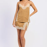 Laurel Faux Suede Lace Cami in Camel, front view styled with matching skort