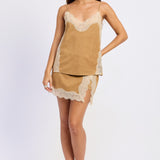 Laurel Faux Suede Lace Cami in Camel, front view styled with matching skort