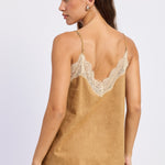 Laurel Faux Suede Lace Cami in Camel, back view