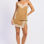 Laurel Faux Suede Lace Cami in Camel, three quarter view