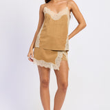Laurel Faux Suede Lace Cami in Camel, three quarter view