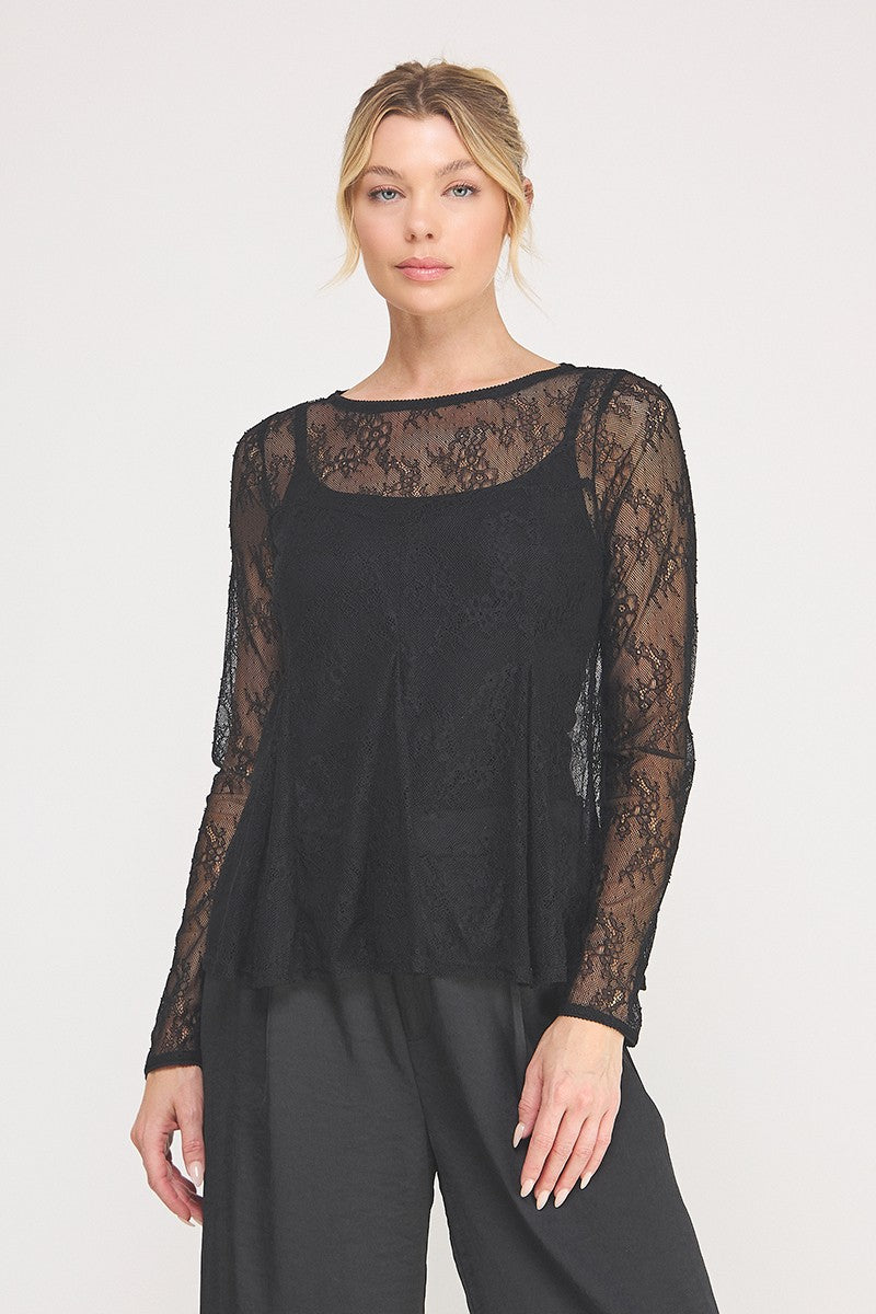 Vivienne Lace Peplum Long-Sleeve Top black front