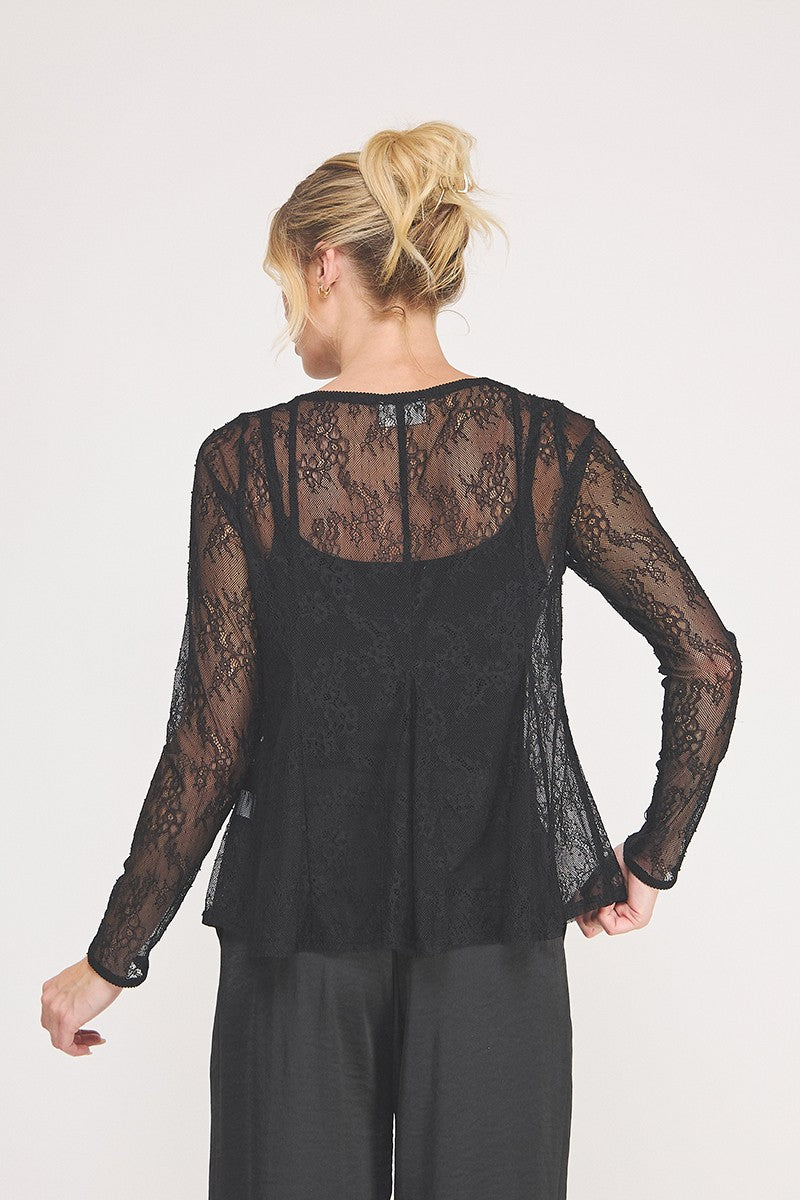 Vivienne Lace Peplum Long-Sleeve Top black lace detail