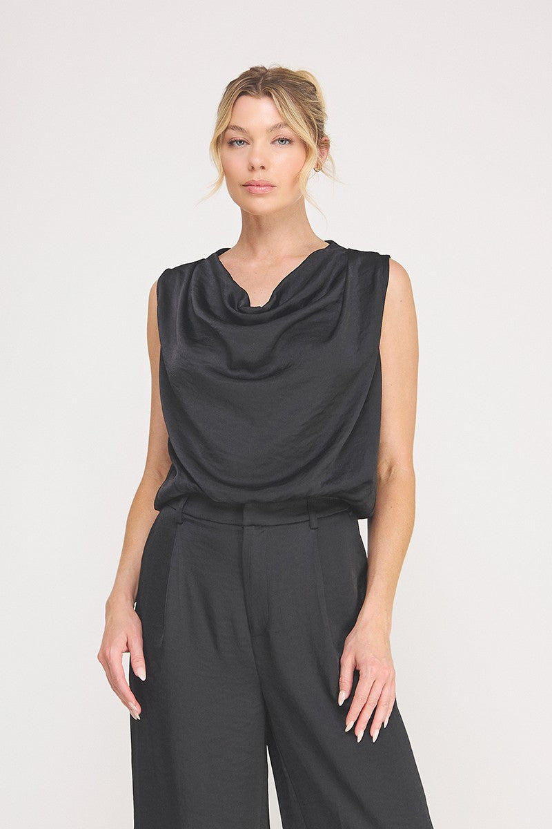 Adele Satin Draped-Neck Sleeveless Top black front