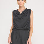 Adele Satin Draped-Neck Sleeveless Top black front
