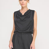 Adele Satin Draped-Neck Sleeveless Top black front
