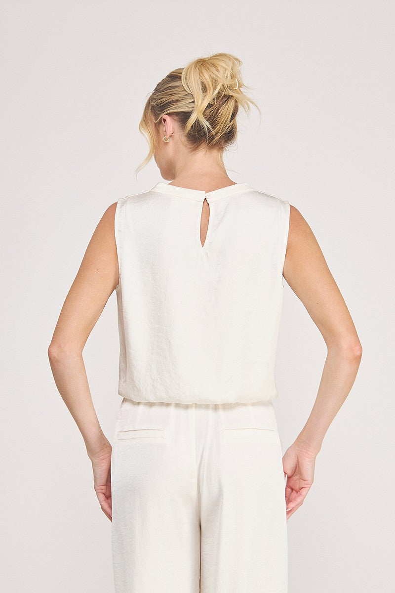 Adele Satin Draped-Neck Sleeveless Top cream neckline detail