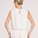 Adele Satin Draped-Neck Sleeveless Top cream neckline detail