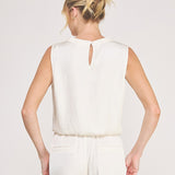Adele Satin Draped-Neck Sleeveless Top cream neckline detail