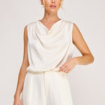 Adele Satin Draped-Neck Sleeveless Top cream front