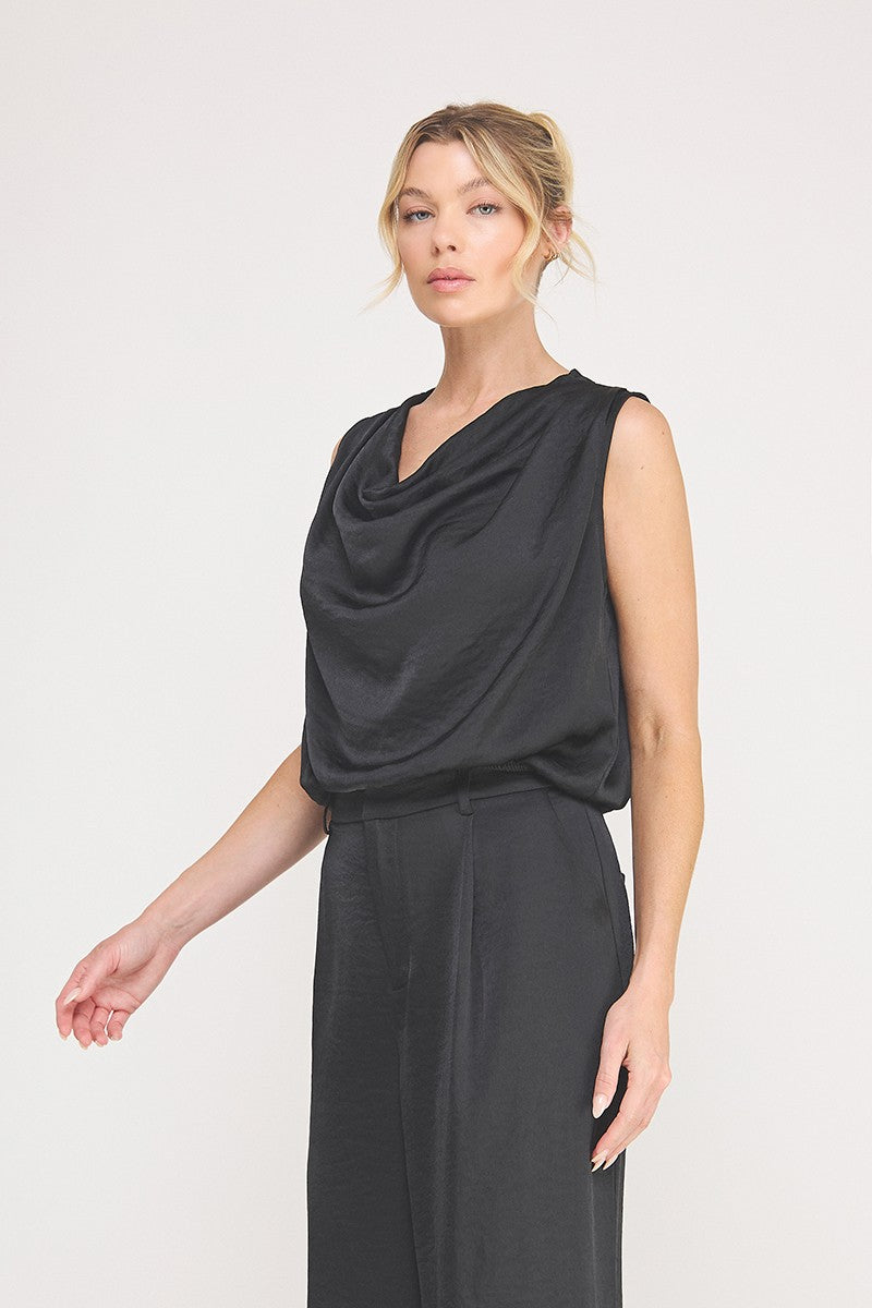 Adele Satin Draped-Neck Sleeveless Top black side