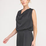 Adele Satin Draped-Neck Sleeveless Top black side
