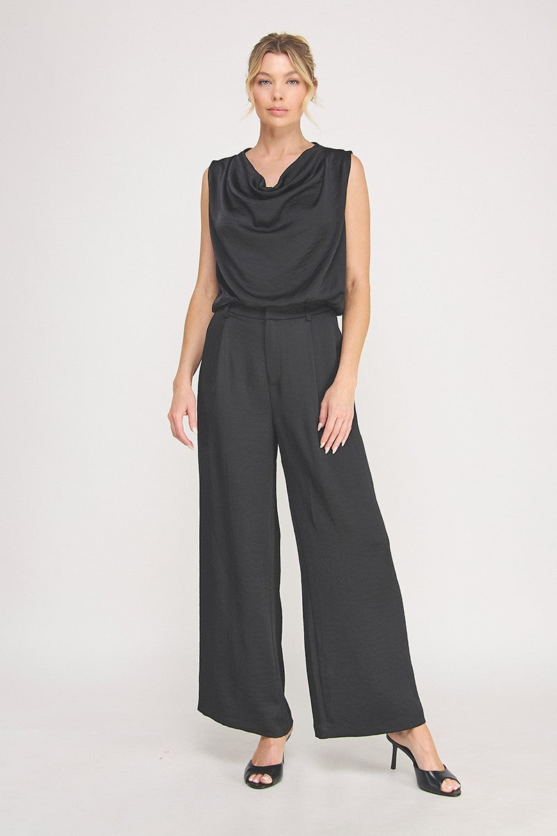 Adele Satin Draped-Neck Sleeveless Top black back