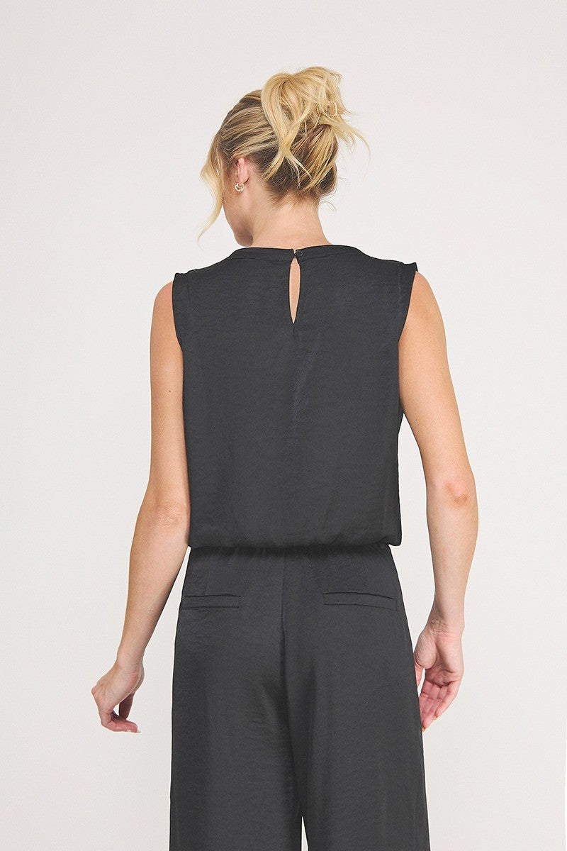 Adele Satin Draped-Neck Sleeveless Top black neckline detail