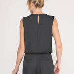 Adele Satin Draped-Neck Sleeveless Top black neckline detail