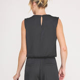 Adele Satin Draped-Neck Sleeveless Top black neckline detail