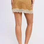 Laurel Faux Suede Lace Skort in Camel, back view