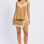 Laurel Faux Suede Lace Skort in Camel, front view