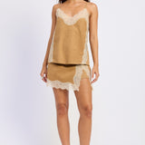 Laurel Faux Suede Lace Skort in Camel, front view