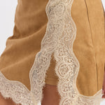 Laurel Faux Suede Lace Skort in Camel, scalloped lace trim detail