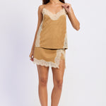 Laurel Faux Suede Lace Skort in Camel, three quarter view