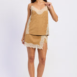 Laurel Faux Suede Lace Skort in Camel, three quarter view