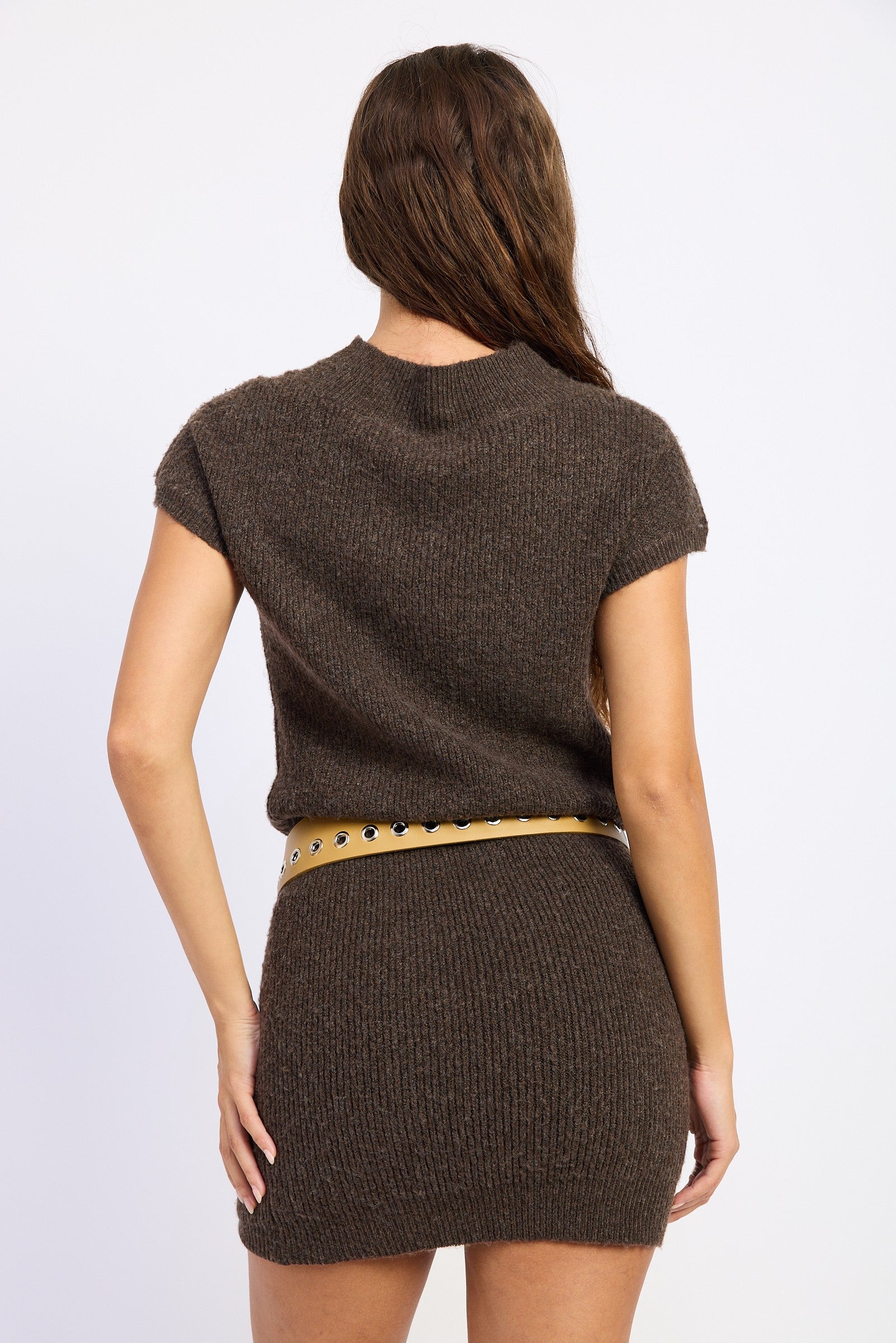 Cedar Mock Neck Sweater Dress in Espresso, back view