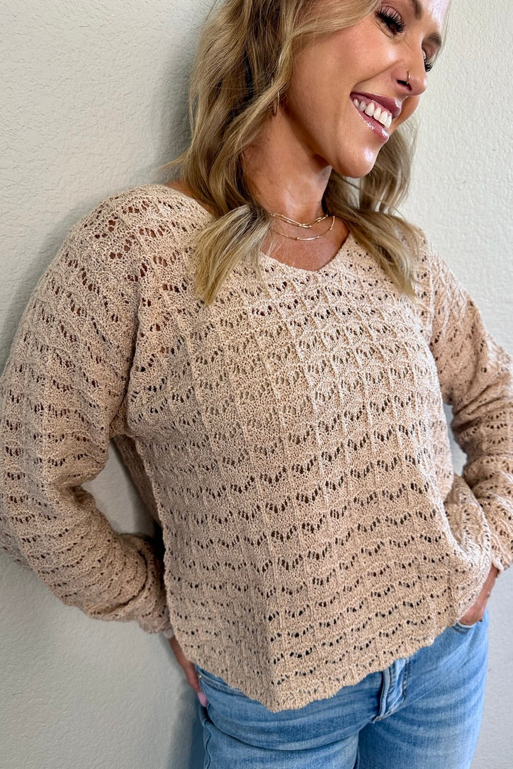Juno Scallop Hem Pointelle Sweater in Latte