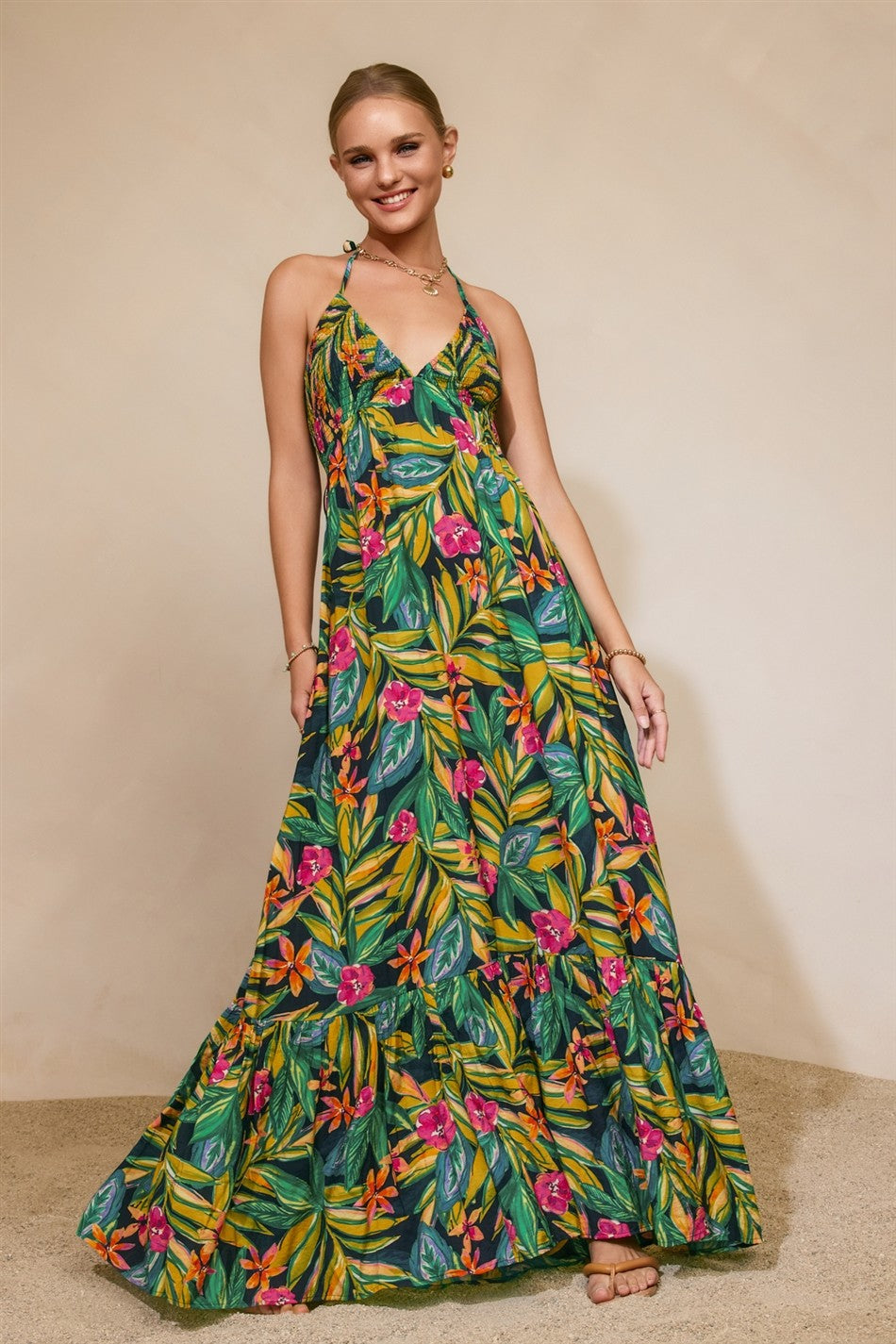Bramble Smocked Halter Maxi Dress in Botanical Bloom, front