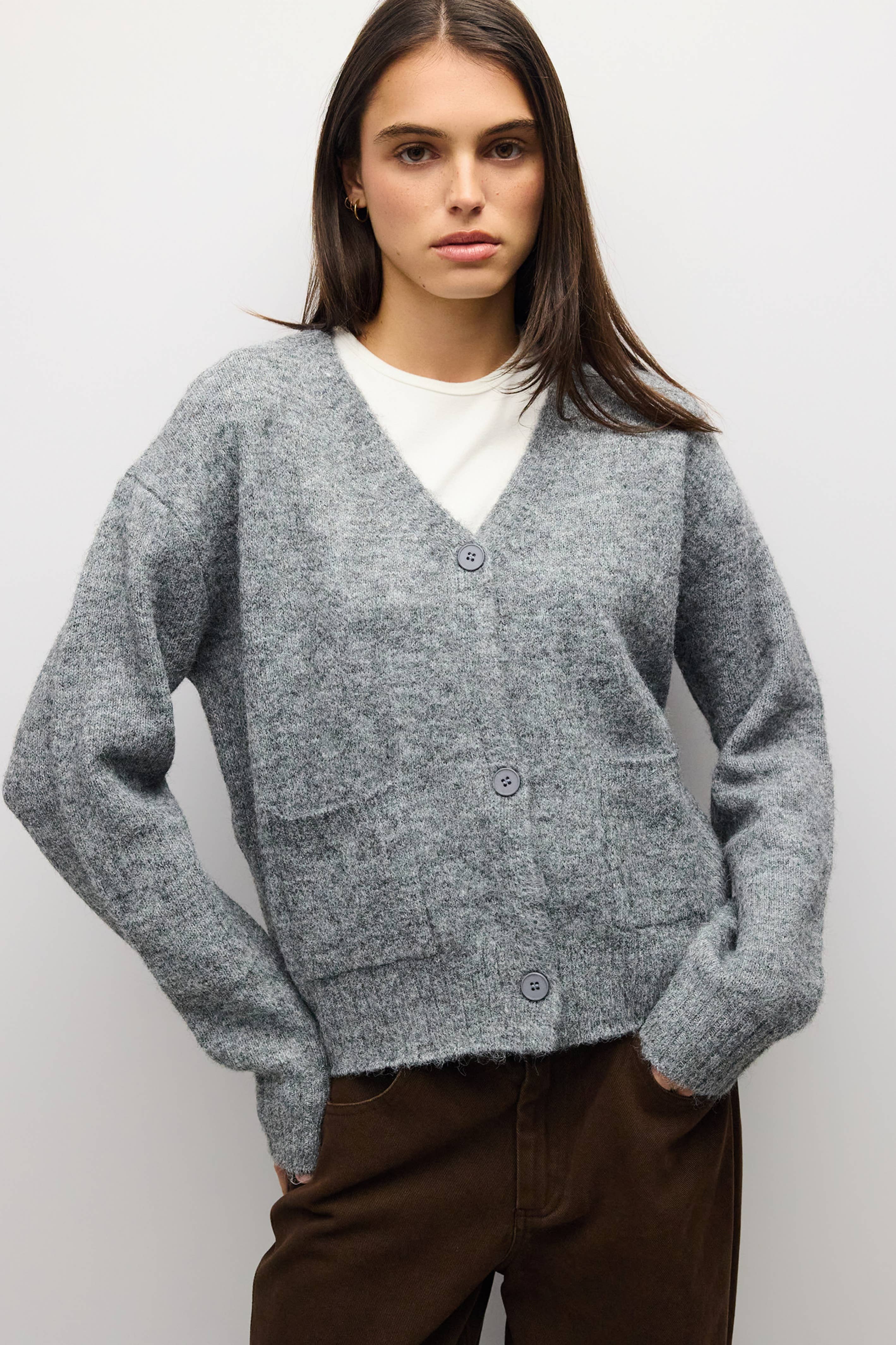 HGREY 4 fuzzy knit cardigan in heather grey, detail view