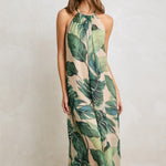 Vesper Beaded Halter Dress in Resort Palm, front
