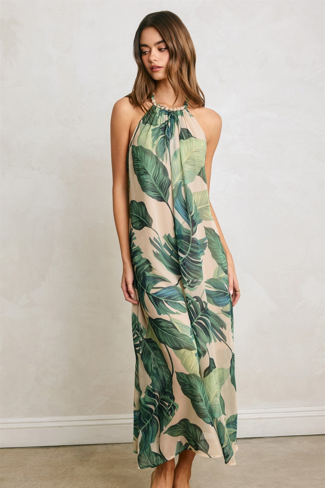 Vesper Beaded Halter Dress in Resort Palm, front