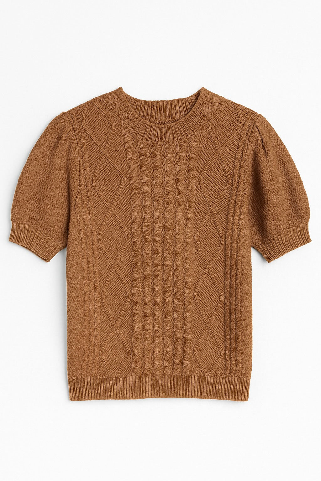 Brown cable knit sweater on a white background