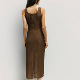 Textured knit midi dress in brown, back view with center slit