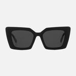 Black chunky square frame sunglasses with dark polarized lenses on light background