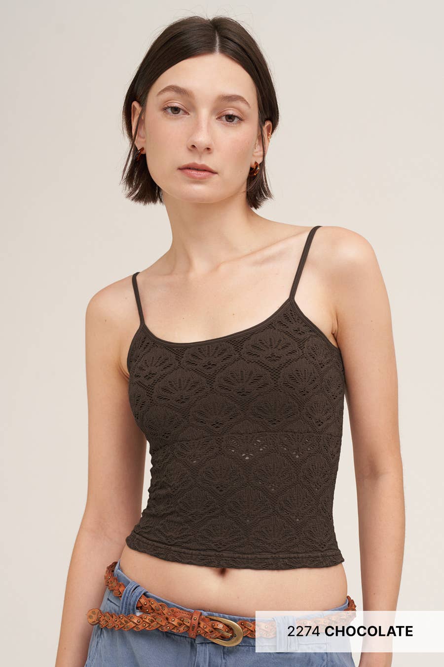 Lana Floral Textured Lace Cami in Chocolate