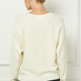 Woman wearing a cream sweater against a white wall