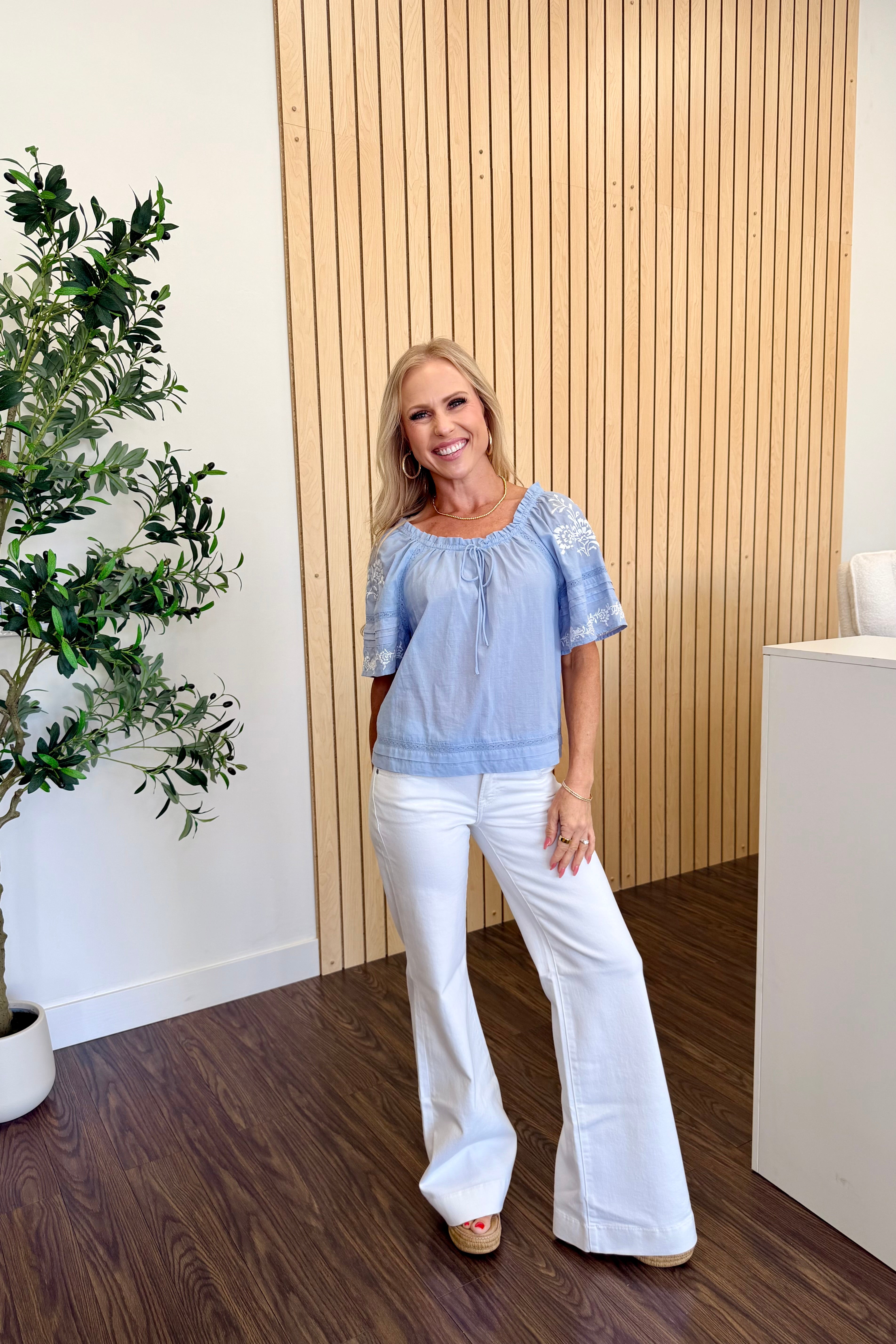 Short Sleeve Embroidered Blouse with Lace Trim