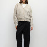 TAUPE 1 fuzzy knit V neck cardigan in taupe, front view