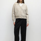TAUPE 1 fuzzy knit V neck cardigan in taupe, front view