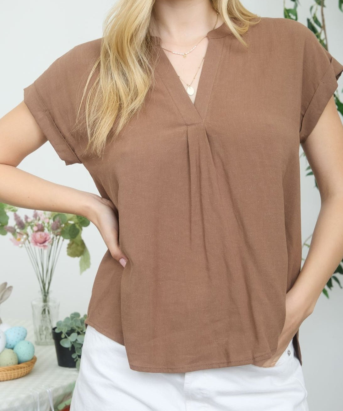 Golden Hour Split Neck Linen Top