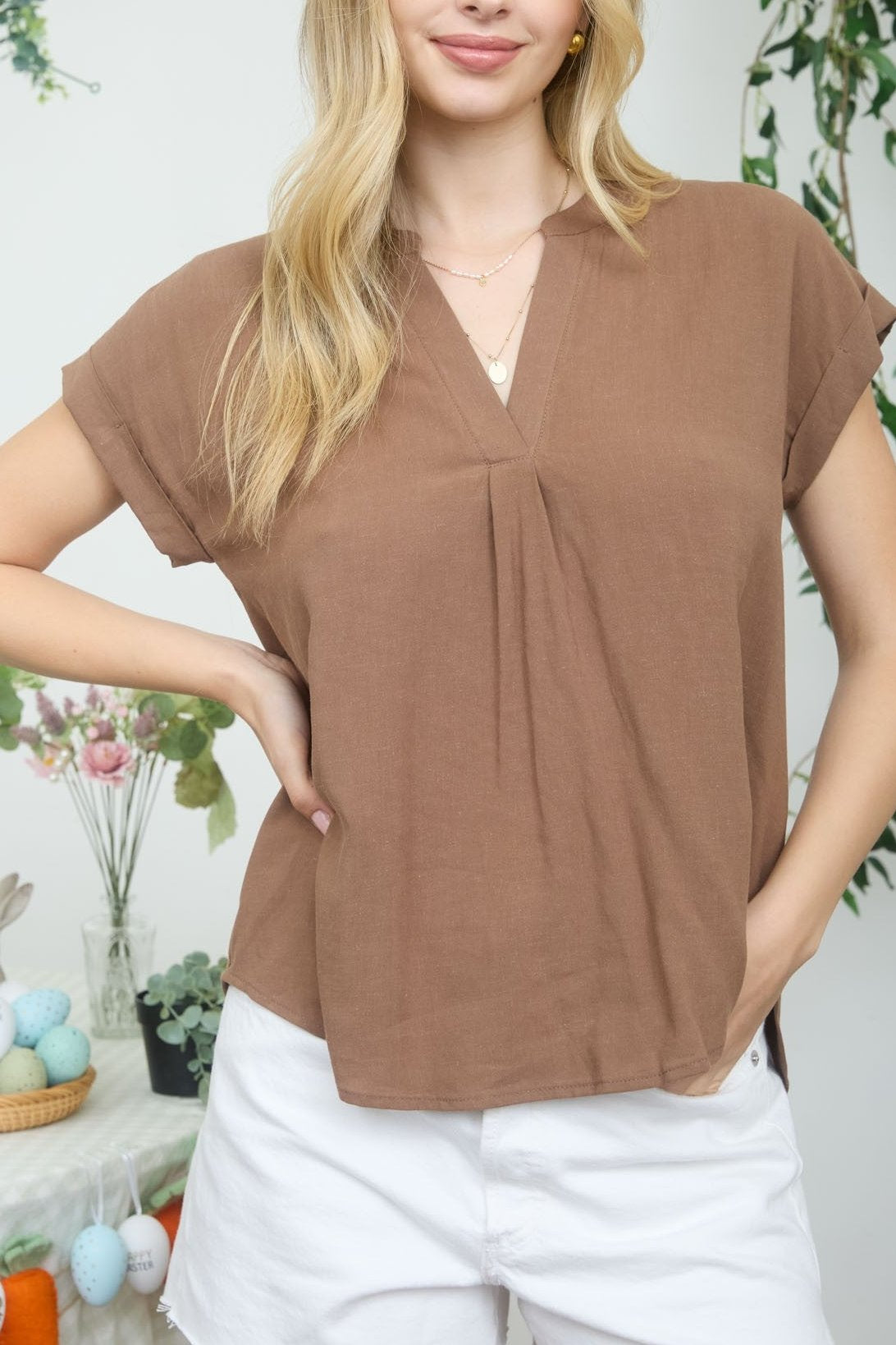 Golden Hour Split Neck Linen Top