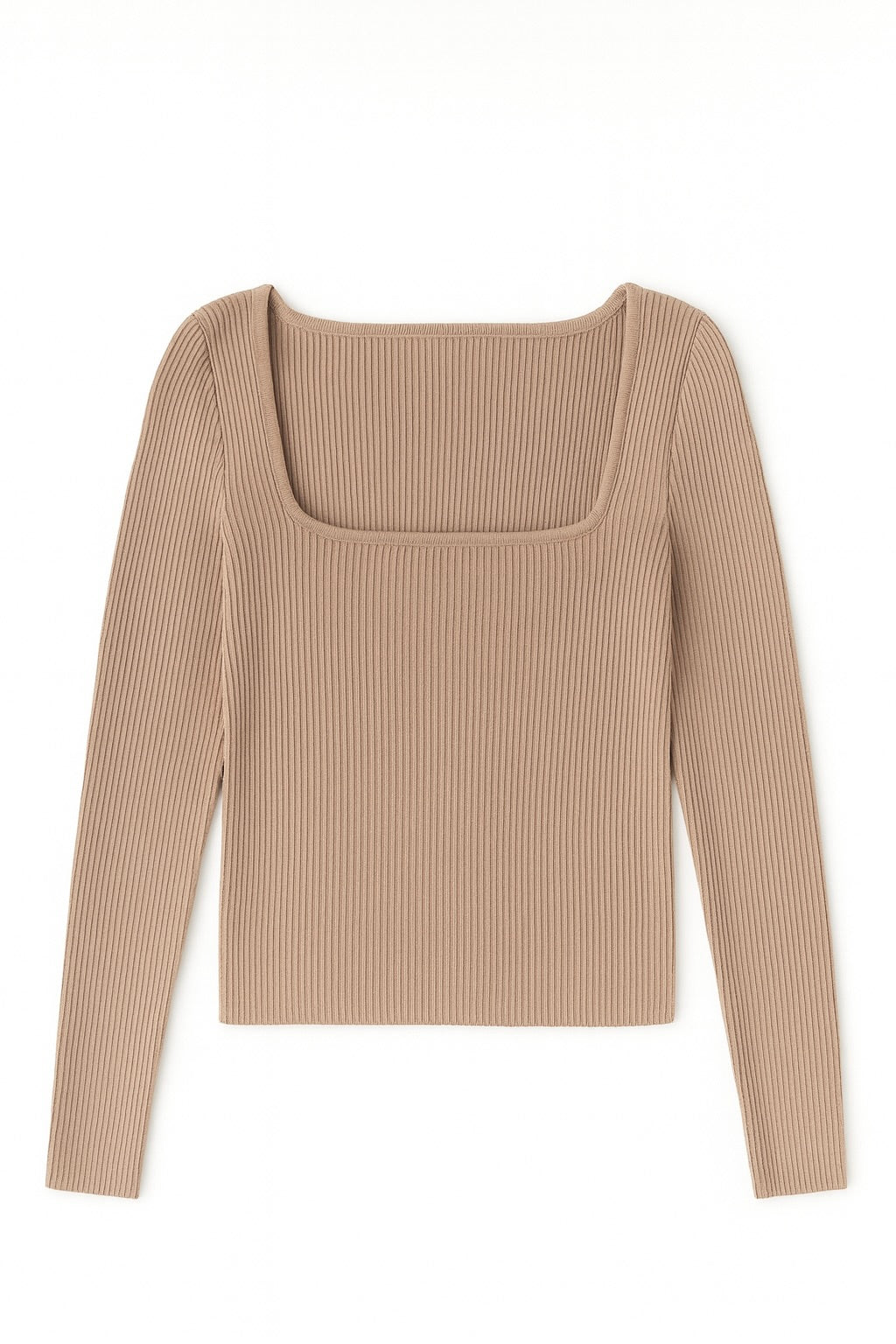 Beige ribbed long-sleeve top on a white background
